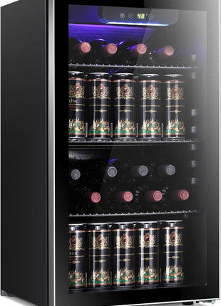 Antarctic Star 26 Bottle 130 Can Wine Cooler/Cabinet Beverage Refrigerator Mini Wine Cellar Beer Soda Clear Glass Door Bar Fridge Quiet Compressor Adjust Temp Freestanding 3.2cu.ft Black