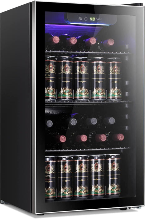 Antarctic Star 26 Bottle 130 Can Wine Cooler/Cabinet Beverage Refrigerator Mini Wine Cellar Beer Soda Clear Glass Door Bar Fridge Quiet Compressor Adjust Temp Freestanding 3.2cu.ft Black
