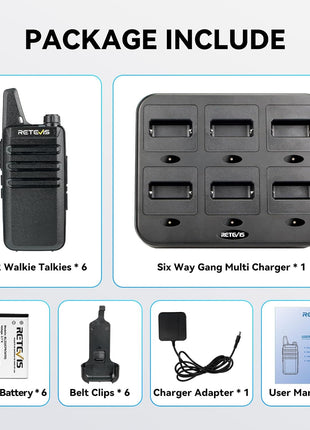 Retevis RT22 Walkie Talkies Rechargeable Hands Free 2 Way Radios Two-Way Radio(6 Pack) with 6 Way Multi Gang Charger