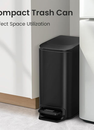 Cesun Small Bathroom Trash Can with Lid, 1.6 Gal, Soft Close, Matte Black | Step pedal soft close, Slim 5.9in fits narrow spaces, Stainless steel, Anti-fingerprint, Removable inner bucket, Odor seal