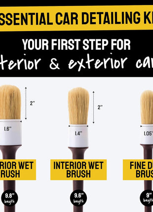 Car Detailing Brush Set 3-pc - Scratch-Free Boars Hair for Interior and Exterior Work - Pro Quality Car Cleaning Brush Kit for Leather Seats, Dashboards, Wheels, Grills and Paint
