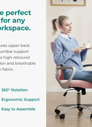SMUG Office Computer Desk Chair, Ergonomic Mid Back Mesh Rolling Work Swivel Task Chairs with Wheels, Comfortable Lumbar Support, Comfy Arms for Home, Bedroom, Study, Dorm, Student, Adults