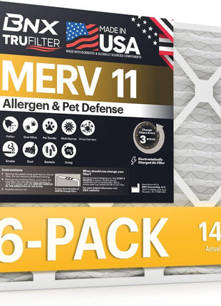 BNX TruFilter 20x25x1 Air Filter MERV 8 (6-Pack) - MADE IN USA – Dust & Pet Defense Electrostatic Pleated Air Conditioner HVAC AC Furnace Filters for Dust, Pet, Mold, Pollen MPR 600 – 700 & FPR 5