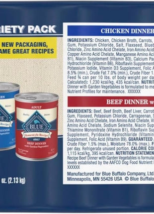Blue Buffalo Homestyle Recipe Adult Wet Dog Food,Made with Natural Ingredients,Chicken and Beef Dinner Variety Pack,12.5-oz Cans,(Pack of 12)