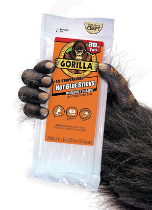 Gorilla Hot Glue Sticks, Clear Glue, Full Size 8 inch Long x 0.43 inch Diameter, 20 Count (Pack of 1) - Safe for All Temperatures with Extended Working Time