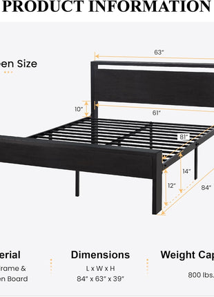 SHA CERLIN 14 Inch Queen Size Metal Platform Bed Frame with Wooden Headboard and Footboard, Mattress Foundation, No Box Spring Needed, Large Under Bed Storage, Non Slip Without Noise, Black Oak