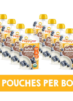 Happy Tot Organics Stage 4 Baby Food Pouches, Gluten Free, Super Morning Fruit & Oat Blend, Bananas, Blueberries, Yogurt, Oats & Chia, 4 Oz (Pack of 8)