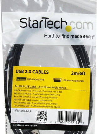 StarTech 2m Down Angle USB 2.0 A to Mini-B Cable, Black (USBAMB2MD) | Charger, Male to Male, Aluminum-Mylar foil braided shielding, Molded connectors with strain relief, 480Mbps