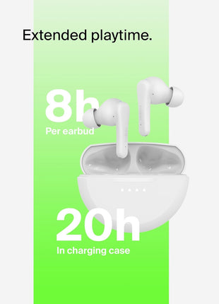 Belkin SoundForm Rhythm True Wireless Earbuds with Built-in Microphone, USB-C Fast Charging, 28H Battery Life, IPX5 Water Resistance - Bluetooth Earbuds for iPhone, iPad, Galaxy, Pixel, & More - White