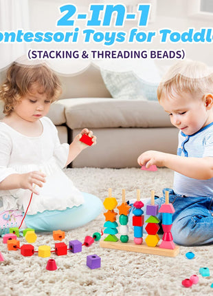 Montessori Wooden Beads Sequencing Toy Set, Stacking Blocks & Lacing Beads & Matching Shape Stacker, Montessori Toys for 3 4 5 Year Old STEM Preschool Learning Toys Gifts for Kids Boy Girl Toddler