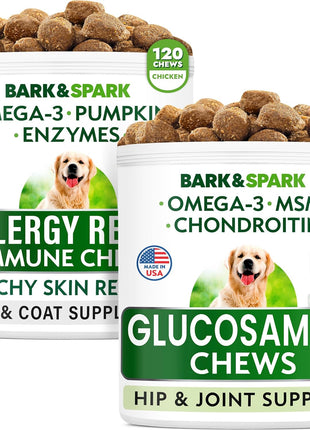 Allergy Relief Dog Treats + Glucosamine Dog Treats Bundle - Omega 3 + Pumpkin + Enzymes for Itchy Skin Relief + Joint Pain Relief and Hip Support Supplement w/ Chondroitin, MSM, Omega-3 - Made in USA