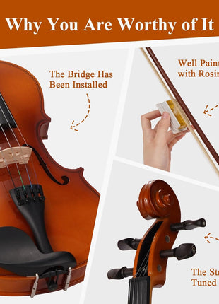 Violin 4/4 Full Size Set, Fiddle Kit for Adults Beginners with Extra strings&Bridge, 2 Rosins, Bow, Tuner, Case