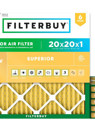 Filterbuy 20x20x1 Air Filter MERV 11 (MPR 1200) Allergen Defense Replacement (6-Pack), Electrostatic Pleated HVAC AC Furnace Filters, Made in USA (Actual Size: 19.50 x 19.50 x 0.75)