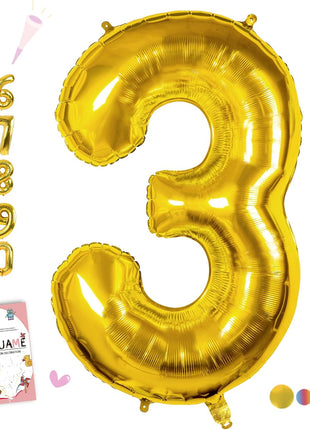 40 Inch Gold Number 3 Balloon, 3rd Birthday Decoration Boys Girls | Large Self Inflating Number Balloons, Mylar Foil Helium Balloon for Women Men Party Anniversary Supplies Reusable