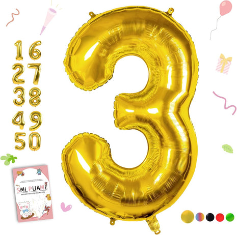 40 Inch Gold Number 3 Balloon, 3rd Birthday Decoration Boys Girls | Large Self Inflating Number Balloons, Mylar Foil Helium Balloon for Women Men Party Anniversary Supplies Reusable