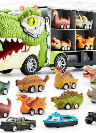 JOYIN 13 in 1 Dinosaur Toys for Kids 3-5, Transport Dinosaur Carrier Truck with 12 Pull Back Cars, Toddler Toys 3-4, Birthday Gifts for 3 4 5+ Year Old Boys