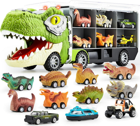 JOYIN 13 in 1 Dinosaur Toys for Kids 3-5, Transport Dinosaur Carrier Truck with 12 Pull Back Cars, Toddler Toys 3-4, Birthday Gifts for 3 4 5+ Year Old Boys