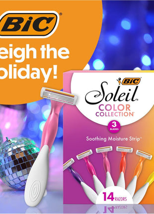 BIC Soleil Smooth Colors Women's Disposable with 3 Blade Razors, Vibrant Handles and Moisture Strip, 14-Pack