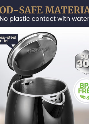 Elite Gourmet EKT1821 1.8L Cool-Touch Kettle, 1500W Stainless Steel, Black | Double Wall Insulated, Stainless Steel Interior & Lid, 360° Swivel Base, Power-On Lever, Auto Shut-Off & Boil-Dry Protection