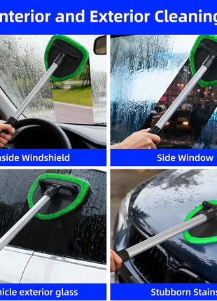 Windshield Cleaner Tool with Extendable Aluminum Handle (Up to 19.7"), Streak-Free Auto Glass Cleaning Kit with 4 Thick Microfiber Pads & Spray Bottle, Inside Window Defogger Accessories