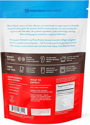 Equip Prime Chocolate Protein Powder - Gut-Friendly, No Sugar Protein Shake Powder with Grass-Fed Beef & Natural Collagen - Rich & Creamy Mix - 21g Per Serving - Whey & Dairy-Free (30 Scoops)