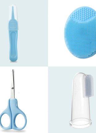PandaEar Baby Healthcare & Grooming Kit - Baby Safety Set Comb, Brush, Finger Toothbrush, Nail Clippers, Scissors, Nasal Aspirator - Nursery Care Kit (Blue)
