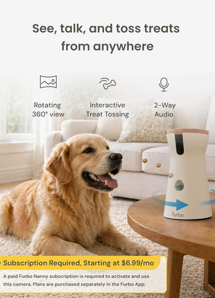 Furbo 360° Dog Camera [Subscription Required] Unlock w/Paid Plan: Home Security & Dog Safety Alerts, Rotating Pet Treat Toss, 2-Way Speaker (Low Risk, 3mo Min. Cancel Anytime)