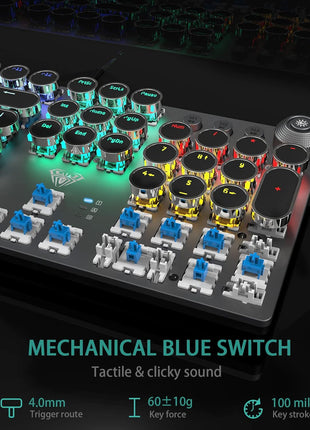 AULA F2088 Typewriter Style Mechanical Gaming Keyboard Wired,Blue Switches,Rainbow LED Backlit,Removable Wrist Rest,Media Control Knob,Retro Punk Round Keycaps,USB Wired Computer Keyboard