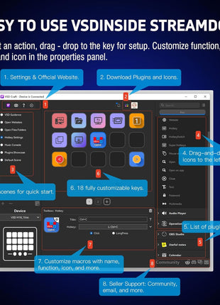VSDINSIDE Macro Keypad, Stream Controller Deck Gaming Streaming Shortcut Keyboard, 18 Programmable Keys Customizable Visual AI Pad USB Soundboard for OBS, YouTube, Desk Office Setup, Laptop, PC, Mac