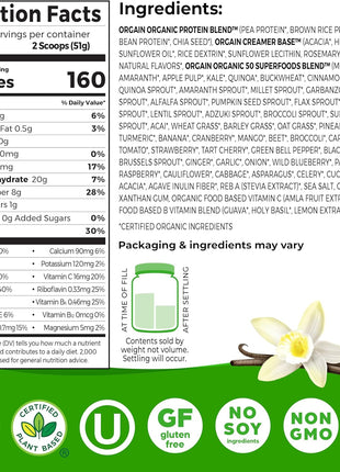 Orgain Organic Vegan 21g Protein + Superfoods Powder, Vanilla Bean, 2.02lb | Plant based protein, 50 superfoods, 8g prebiotic fiber, gluten free, no added sugar, non-GMO, no lactose ingredients
