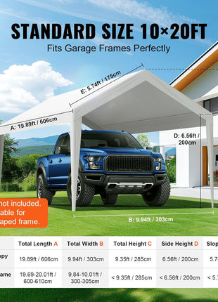 VEVOR Carport Replacement Canopy Cover 10 x 20 ft, Garage Top Tent Shelter Tarp Heavy-Duty Waterproof & UV Protected, Easy Installation with Ball Bungees,White (Only Top Cover, Frame Not Include)