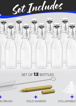 Nevlers 8.5 Oz Swing Top Glass Bottles with Airtight Lid 12 Pack | Square Flip Top Glass Bottle Set with Foldable Funnel, Cleaning Brush & Gold Marker | 250 mL Clear Syrup Container & Sauce Bottles