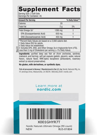 Nordic Naturals Ultimate Omega, Lemon Flavor   90 Soft Gels   1280 mg Omega 3   High Potency Omega 3 Fish Oil Supplement with EPA & DHA   Promotes Brain & Heart Health   Non GMO   45 Servings