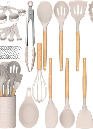 Umite Chef Kitchen Cooking Utensils Set, 33 pcs Non-Stick Silicone Cooking Kitchen Utensils Spatula Set with Holder, Wooden Handle Silicone Kitchen Gadgets Utensil Set (Khaki)