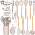 Umite Chef Kitchen Cooking Utensils Set, 33 pcs Non Stick Silicone Cooking Kitchen Utensils Spatula Set with Holder, Wooden Handle Silicone Kitchen Gadgets Utensil Set (Khaki)