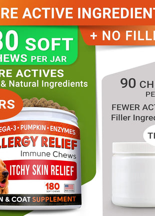Allergy Relief + Advanced Allergy Bundle - Itchy Skin + Allergy & Itch Relief - Omega 3&Pumpkin + Probiotics - Dogs Itching & Licking Treats + Hot Spots - 300 Ct - Chicken + Bacon Flavor - Made in USA