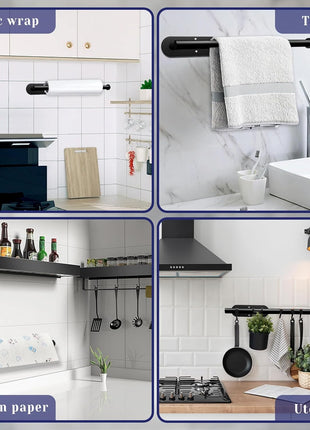 Paper Towel Holder, Self Adhesive or Drilling Paper Towel Holder Under Cabinet, Stainless Steel Black Paper Towel Holders Wall Mount for Kitchen, Bathroom, Sink, Pantry, Fridge