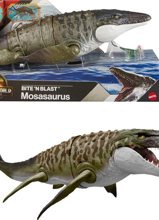 Mattel Jurassic World Rebirth Bite N Blast Mosasaurus & Mini Dinosaur | Wide Jawed Dinosaur Toy, Movie Accurate and Posable, Includes Mini Dilophosaurus, Digital Play Via Scannable App Code