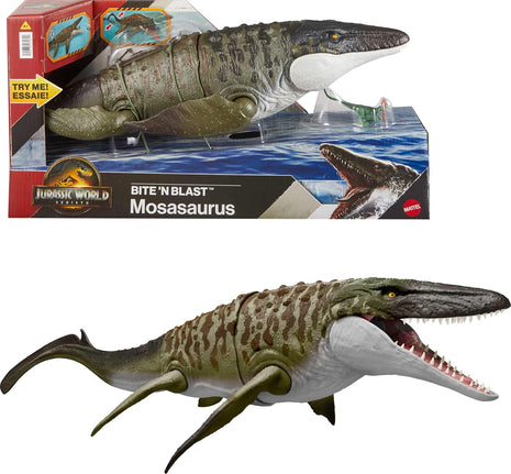 Mattel Jurassic World Rebirth Bite N Blast Mosasaurus & Mini Dinosaur | Wide Jawed Dinosaur Toy, Movie Accurate and Posable, Includes Mini Dilophosaurus, Digital Play Via Scannable App Code