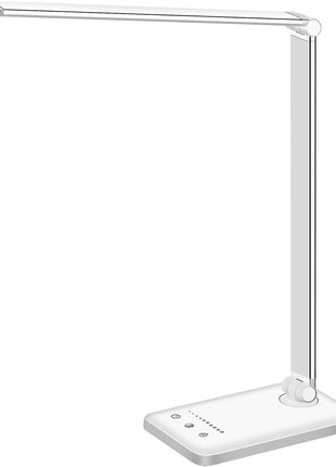 White crown LED Desk Lamp Dimmable Table Lamp Reading Lamp with USB Charging Port, 5 Lighting Modes, Sensitive Control, 30/60 Minutes Timer (White, First-Generation)