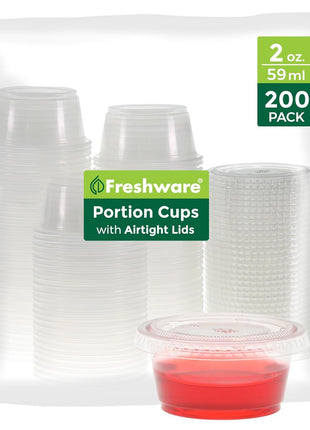 Freshware Plastic Portion Cups with Lids [2 Ounce, 200 Sets] Disposable Plastic Cups for Meal Prep, Salad Dressing, Jellos Shot Cups, Souffle Cups, Condiment and Dipping Sauce Cups