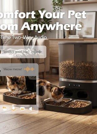 Automatic Cat Feeder with Camera, Automatic Dog Feeder Dry Food, 8L Dual Hopper Auto Cat Food Dispenser, 1080P HD Video with Night Vision/2-Way Audio/APP, 5G WiFi Pet Feeder with Low Food Tray-Black