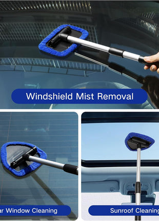11pcs Windshield Cleaner Tool, Car Window Cleaning Wash Kit with 6 Reusable Microfiber Pads 2 Spray Bottles and Extendable Handles Auto Glass Wiper Kit, Blue