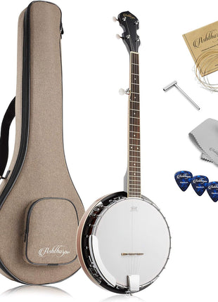 Ashthorpe 5-String Banjo - Full Size with 24 Brackets, Closed Back, Mahogany Resonator, Geared 5th Tuner, Padded Gig Bag