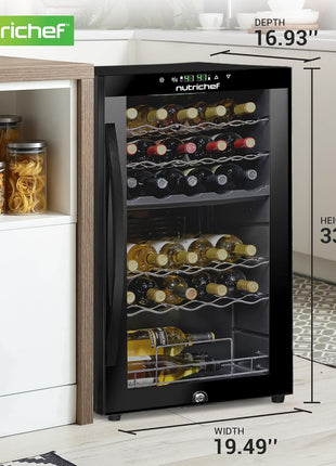 Nutrichef 33 Bottle Wine Fridge | Dual Zone Wine Cooler | Adjustable Temperature Control 41°F to 64°F | Ultra Quiet Operation | Freestanding Wine Chiller for Home & Office | 33x19x17 IN