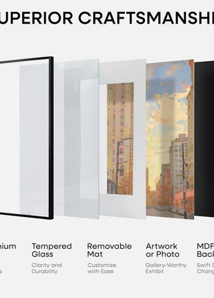 11x14 Black Picture Frame, High-End Metal, 8x10 Mat, Glass | High End Aluminum, Tempered Glass, Acid-Free 8x10 Removable Mat, 11x14 in Edge-to-Edge Display 14x11, Wall Kit, Set Of 1