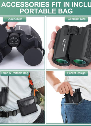 Aurosports 10x25 Compact Binoculars for Bird Watching, Cruise Ship, Travel | Small & Lightweight for Adults Kids; BAK4 & FMC for Crystal Clarity; Easy Focus with Case & Strap; Gift for Hunting, Sports