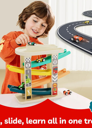 TOP BRIGHT Wooden Car Ramp Track with Cars, Montessori Toy for Toddlers 1-3 | Wooden Race Track Set Includes Cars & Garage, Montessori Learning Toy for Ages 18+ Months, Suitable for Boys & Girls