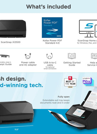 ScanSnap iX2500 Wireless or USB High-Speed Cloud Enabled Document, Photo & Receipt Scanner with Large 5 inch Touchscreen and 100 Page Auto Document Feeder for Mac or PC, Black