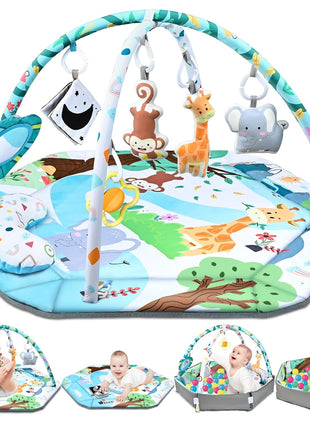 Baby Gym Play Mat, 8-in-1 Tummy Time Mat & Ball Pit with 6 Toys, Washable Baby Activity Play Mat for Visual, Hearing, Sensory, Motor Development, Baby Toys Gift for Toddler Infant 0-3-6-9-12 Months